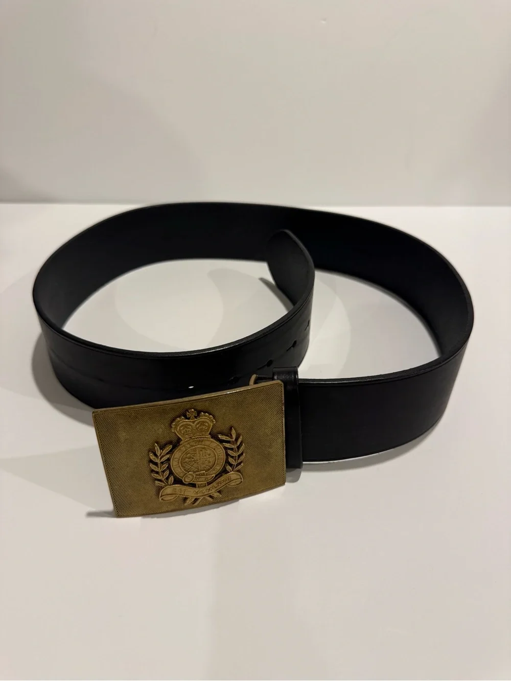 Collectible Brass Polo Ralph Lauren Black Leather Belt with Brass Crest Buckle